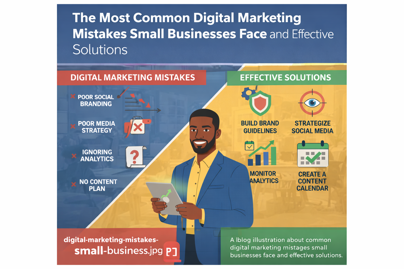 Illustration showing common digital marketing mistakes small businesses make and effective solutions 