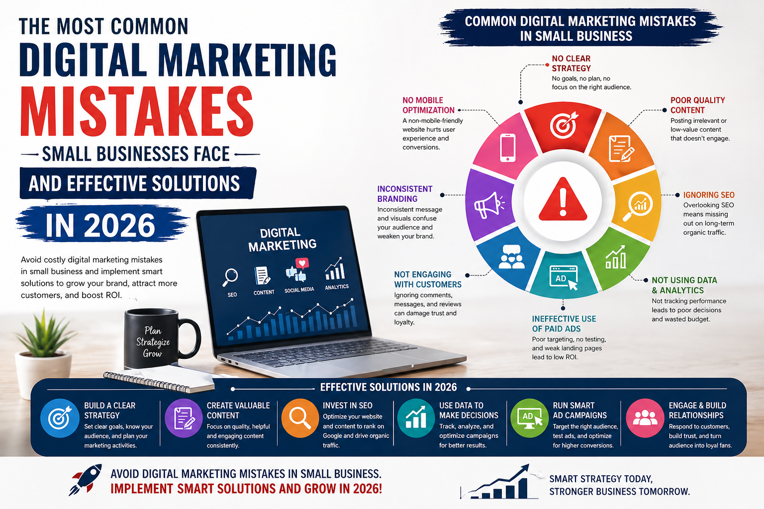 A modern digital marketing infographic showing common mistakes in small businesses and effective solutions in 2026, featuring a laptop with marketing icons, checklist notes, and growth charts.
